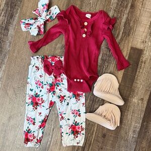 Burgundy Ruffled Bodysuit and Floral Pants Set with headband & booties.